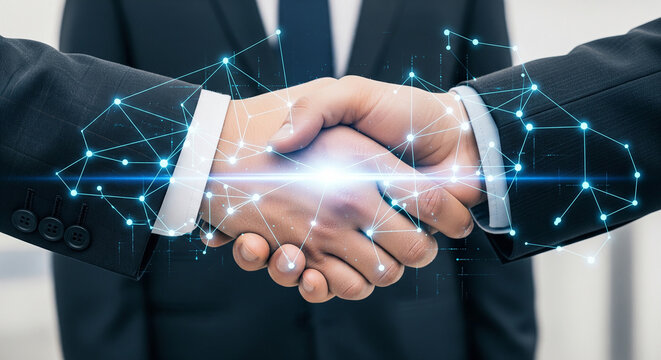 Glowing digital handshake with blue polygon network connections perfect for cyber technology partnership strategy