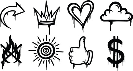 Fototapeta premium Graffiti drip icons set with arrow crown heart cloud fire sun thumbs up dollar street art vector illustration