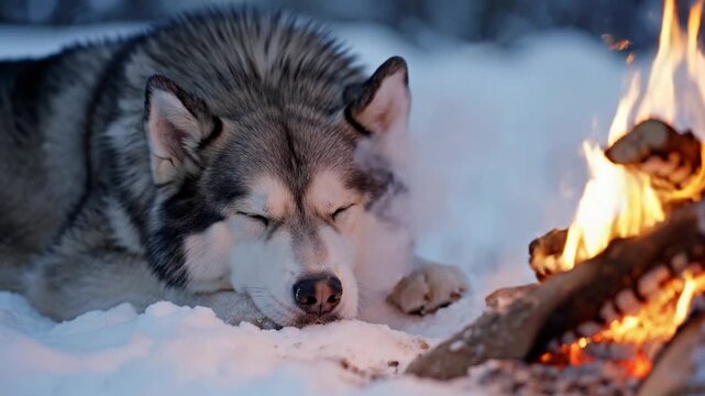 Husky Dog Resting by Campfire in Winter Snow. 4K Video