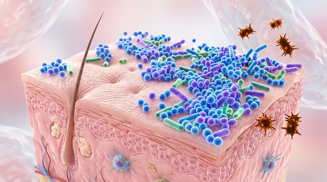 Healthy skin microbiome with diverse bacteria and protective microorganisms on human skin surface, showing balance and defense against harmful pathogens, promoting wellness and vitality