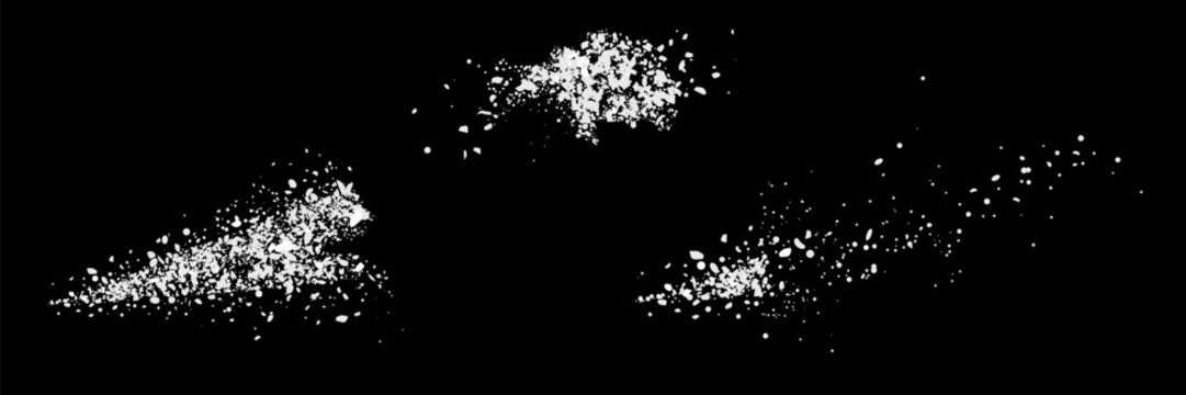 Sugar or salt powder piles set isolated on transparent background. Vector realistic illustration of white dry substance scattered on surface, ground food seasoning,