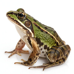 Fototapeta premium A green frog with brown spots sitting on a white background