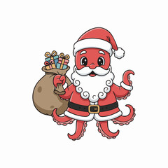 Fototapeta premium cartoon octopus santa claus with gift sack