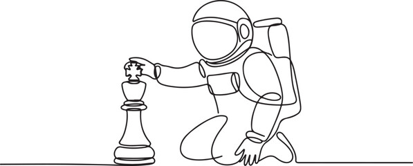 Single one line drawing astronaut holding rook chess piece to beat king chess. Power to rule interplanetary region. Cosmic galaxy space concept. One line draw graphic design vector © Ayman