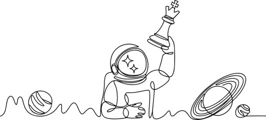 Single one line drawing astronaut holding rook chess piece to beat king chess. Power to rule interplanetary region. Cosmic galaxy space concept. One line draw graphic design vector © Ayman