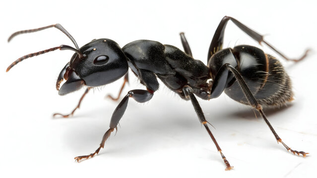 Extreme macro photograph captures the intricate details of a large, glossy black carpenter ant specimen showcasing its segmented body and antennae against a stark white background.