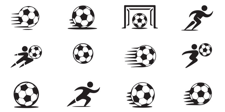 Football player and soccer ball motion icons set for professional sport team identity and branding