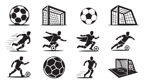 Soccer player silhouettes and football goal icons for sports tournament promotion and web graphics