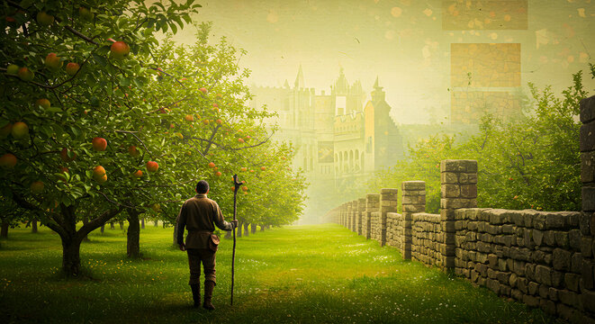 A solitary figure walks through an orchard towards a grand manor house in the distance, bathed in warm, ethereal light