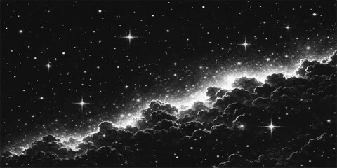 Abstract a dramatic night sky with a cloudscape, stars and a ethereal glow, this stunning black and white image creates a sense of wonder and cosmic beauty. © DreamLoom