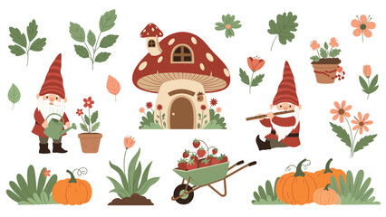 Fototapeta premium Whimsical garden scene featuring cute gnomes, a mushroom house, various flowers, pumpkins, and a wheelbarrow of strawberries.