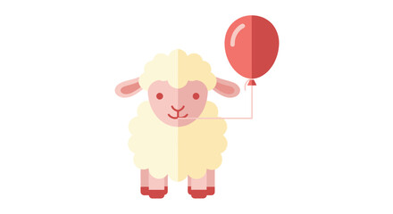 Fototapeta premium Cute fluffy sheep holding a red balloon, isolated on white background, flat design