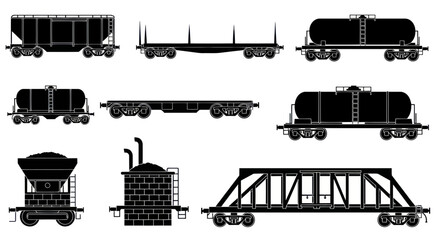Obraz premium Freight Train Cars and Industrial Elements Silhouette Collection