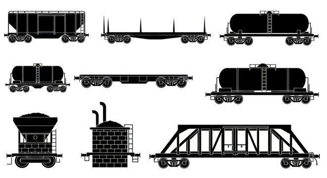 Freight Train Cars and Industrial Elements Silhouette Collection