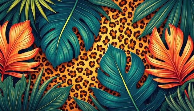 Vibrant jungle foliage with orange and teal leaves arranged over a repeating leopard print background. Dynamic tropical pattern offers exotic jungle vibes for fashion textile design.
