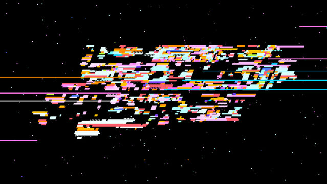 Abstract digital glitch vector in retro gaming UI style with red pink accents, focused on digitalization and data transformation. Dark background with subtle noise enhances contrast. Ideal for tech...