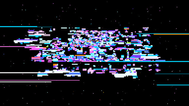 Abstract digital glitch vector in retro gaming UI style with red pink accents, focused on digitalization and data transformation. Dark background with subtle noise enhances contrast. Ideal for tech...