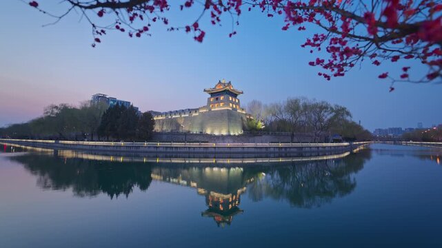 Night View of the Illuminated Zuoanmen Corner Tower Library and Plum Blossoms by the Moat, Beijing