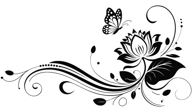 A beautiful black flower illustration with a butterfly and swirling lines