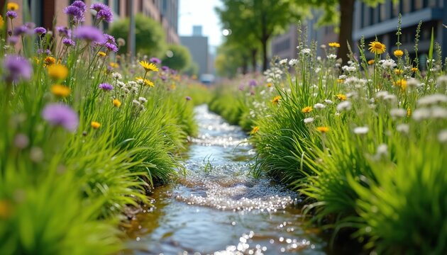 Small stream flows through urban garden with green grass and wildflowers. City buildings and trees visible in background. Nature meets city infrastructure.