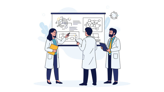 Group of professional scientists in white lab coats presenting complex diagrams and chemical structures on a whiteboard in a laboratory.