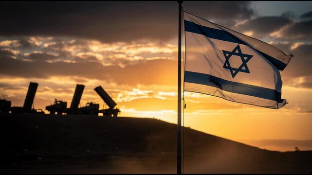 Israeli flag waving at sunset with military vehicles on a hillside under dramatic sky