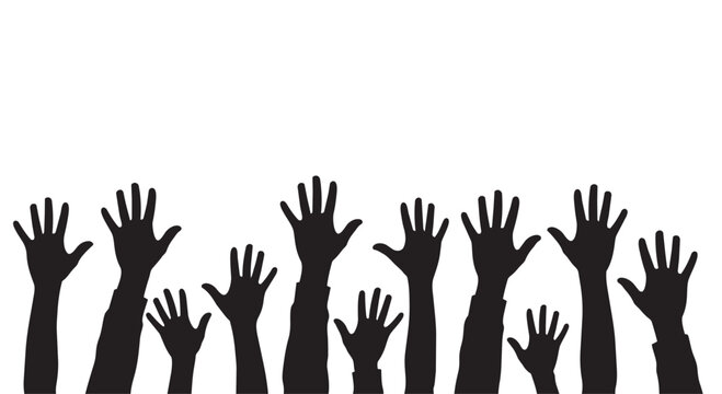 Black silhouette of hands raised up, crowd of people reaching high, community support and volunteer concept vector illustration on white background
