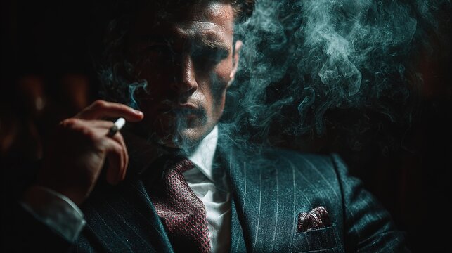 Businessman in tailored suit surrounded by smoke in dark studio for corporate fashion and mafia aesthetic success concept