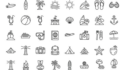 Naklejka premium Collection of summer vacation and travel icons simple line art design elements for web and mobile applications isolated on white background