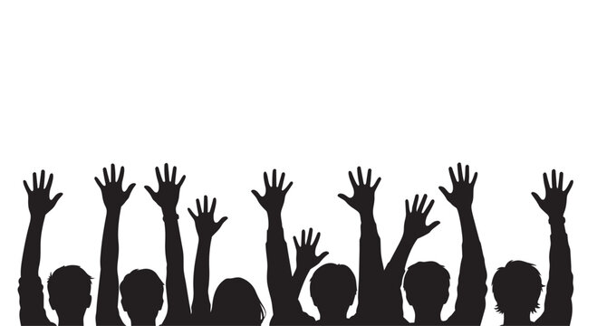 Crowd silhouette with raised hands, black and white group of people cheering, audience participation vector, community support and unity concept