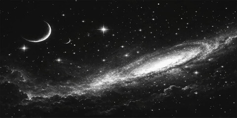 Abstract a celestial panorama unveils a breathtaking night sky, a luminous galaxy stretches across the canvas, bathed in starlight and celestial wonders. A crescent moon graces the scene.  © DreamLoom