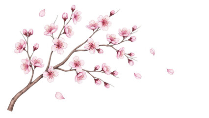 Fototapeta premium Beautiful pink cherry blossom branch with falling p, standalone object
