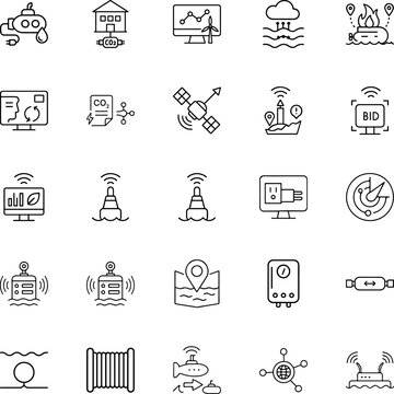 Environmental technology line vector icon set submarine buoy satellite monitor