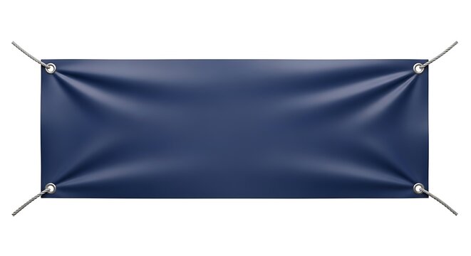 A horizontal dark blue vinyl banner with metal grommets and ropes isolated on a white background