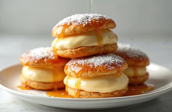 Sweet quesitos stacked on white plate. Pastries have creamy filling syrup glaze and powdered sugar dusting. Delicious baked goods make great breakfast or dessert treat.