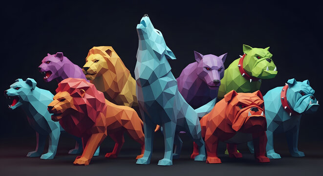Fierce low-poly predator mascots. Featuring a wolf, lion, and bulldog in a modern 3D geometric style with dramatic lighting and bold gradients for gaming and tech.
