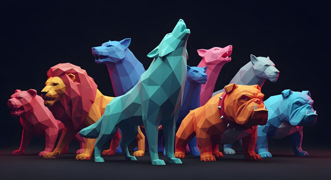 Fierce low-poly predator mascots. Featuring a wolf, lion, and bulldog in a modern 3D geometric style with dramatic lighting and bold gradients for gaming and tech.
