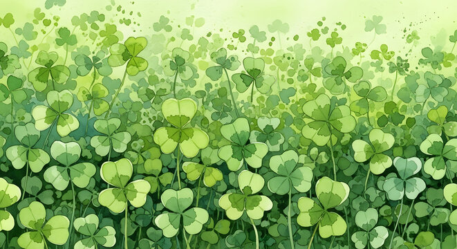 A beautiful seamless watercolor background of lucky clovers. Featuring soft splashes and a rich green palette, perfect for spring themes and eco-friendly branding.
