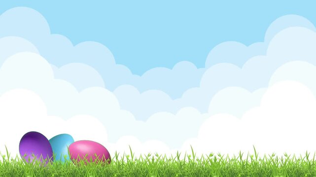 Looping Easter background animation showing colorful eggs on grass with a clear sky and clouds. Wide empty space allows flexible use for text, banners, and seasonal promotions.