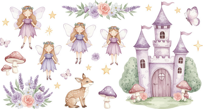Cute cartoon illustration of a little princess with a butterfly and a fairy with a magic wand wearing a pink dress, featuring art with flowers, a baby angel, and fashion elements for kid happiness