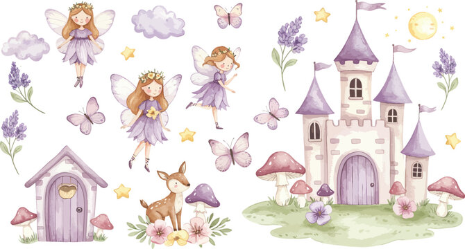 Cute cartoon illustration of a little princess with a butterfly and a fairy with a magic wand wearing a pink dress, featuring art with flowers, a baby angel, and fashion elements for kid happiness