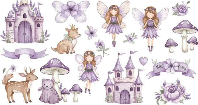Cute cartoon illustration of a little princess with a butterfly and a fairy with a magic wand wearing a pink dress, featuring art with flowers, a baby angel, and fashion elements for kid happiness