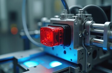 Fototapeta premium Red industrial vision sensor on automated machine part. Cables connect to equipment in high-tech factory. Modern production line with metal components and blue lights.