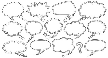 Fototapeta premium Collection of hand-drawn speech bubbles and thought clouds in black and white, perfect for adding dialogue and ideas to designs