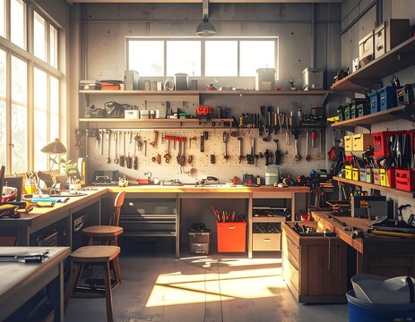 A cluttered workshop with tools and workbenches