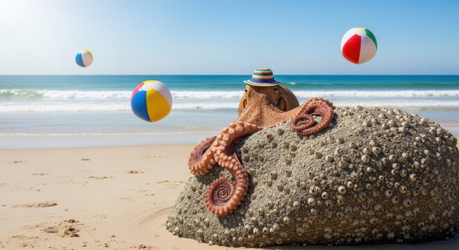 Person sitting on beach with octopus.