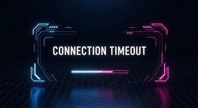 Connection timeout message with futuristic neon frame and digital background, network error.