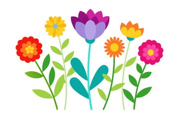 Fototapeta premium A colorful vector illustration of six vibrant flowers with green leaves on white background