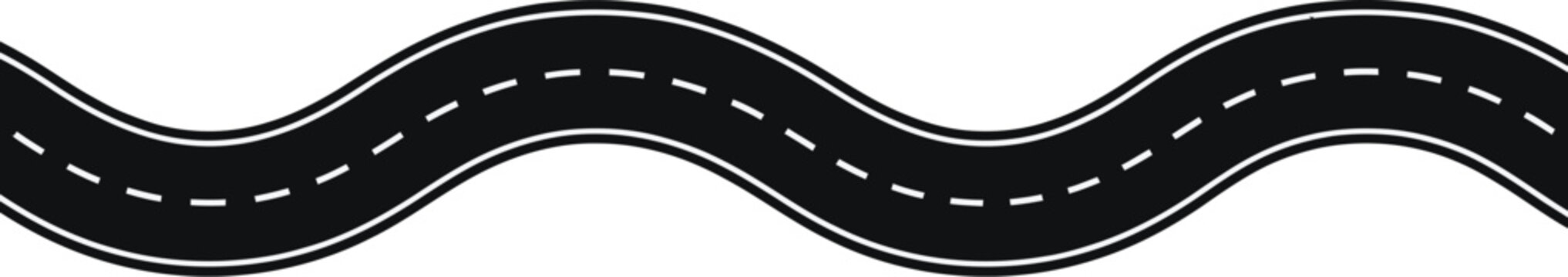 A black and white illustration of a wavy road with dashed lines