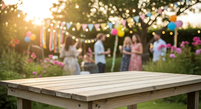 Empty rustic wooden table surface foreground blurred outdoor garden party gathering celebration background bokeh light summer evening event hosting scene